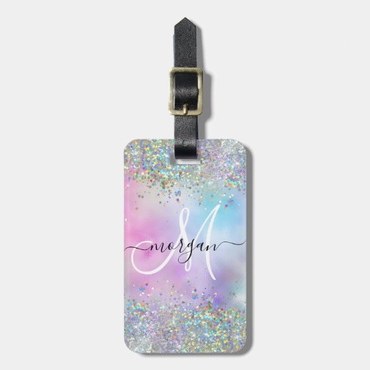 Holografische Glitter Regenboog Pastels Monogram Bagagelabel (Voorkant verticaal)