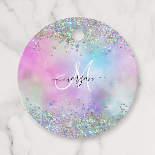 Holografische Glitter Regenboog Pastels Monogram Bedankjes Labels (Voorkant)
