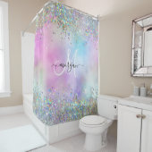 Holografische Glitter Regenboog Pastels Monogram Douchegordijn (In situ)