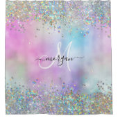 Holografische Glitter Regenboog Pastels Monogram Douchegordijn (Voorkant)