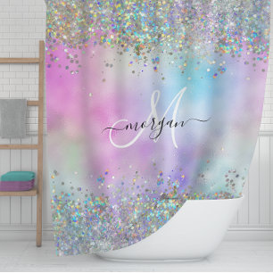 Holografische Glitter Regenboog Pastels Monogram Douchegordijn