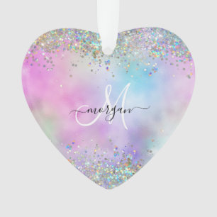 Holografische Glitter Regenboog Pastels Monogram F Ornament