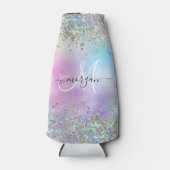 Holografische Glitter Regenboog Pastels Monogram Flesjeskoeler (Voorkant)