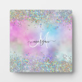 Holografische Glitter Regenboog Pastels Monogram Fotoplaat (Voorkant)