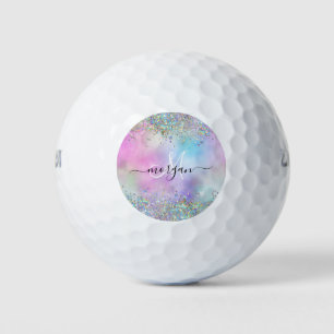 Holografische Glitter Regenboog Pastels Monogram Golfballen