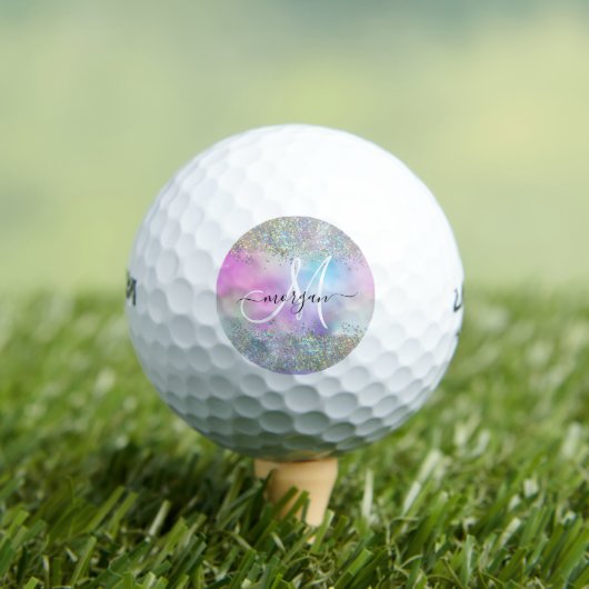 Holografische Glitter Regenboog Pastels Monogram Golfballen (Insitu Shirt)