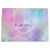 Holografische Glitter Regenboog Pastels Monogram Groot Cadeauzakje (Voorkant)