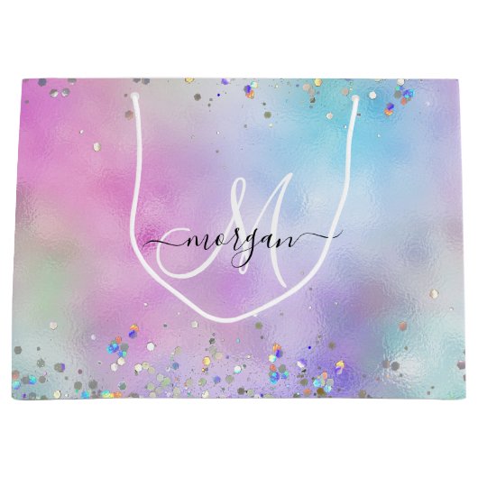 Holografische Glitter Regenboog Pastels Monogram Groot Cadeauzakje (Voorkant)
