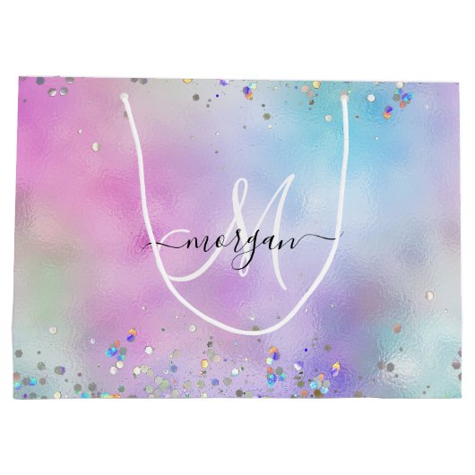 Holografische Glitter Regenboog Pastels Monogram Groot Cadeauzakje (Achterkant)