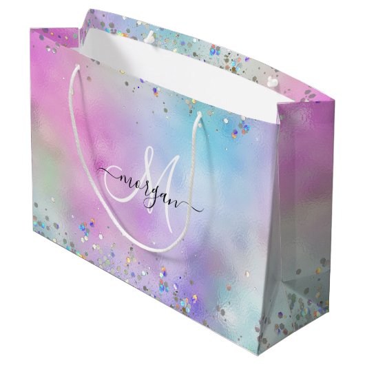 Holografische Glitter Regenboog Pastels Monogram Groot Cadeauzakje (Achterkant Gekanteld)