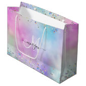 Holografische Glitter Regenboog Pastels Monogram Groot Cadeauzakje (Voorkant Gekanteld)