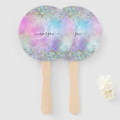 Holografische Glitter Regenboog Pastels Monogram Handwaaier (Voorkant en achterkant)