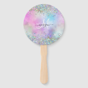 Holografische Glitter Regenboog Pastels Monogram Handwaaier