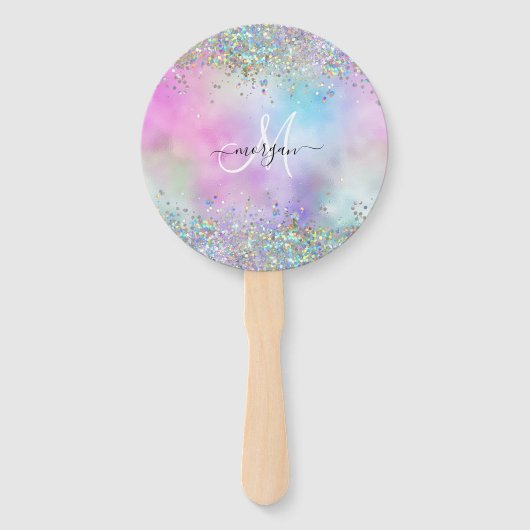 Holografische Glitter Regenboog Pastels Monogram Handwaaier (Voorkant)