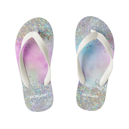 Holografische Glitter Regenboog Pastels Monogram Kinder Teenslippers (Voetbed)