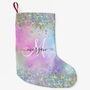 Holografische Glitter Regenboog Pastels Monogram Kleine Kerstsok