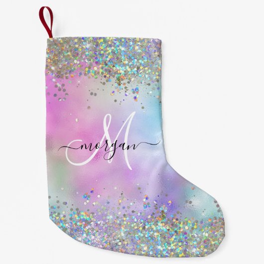 Holografische Glitter Regenboog Pastels Monogram Kleine Kerstsok (Voorkant)