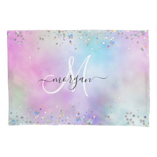 Holografische Glitter Regenboog Pastels Monogram Kussensloop (Voorkant)