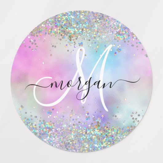 Holografische Glitter Regenboog Pastels Monogram Labels (Design 1)