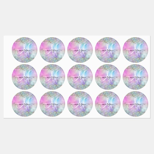 Holografische Glitter Regenboog Pastels Monogram Labels (Vel)