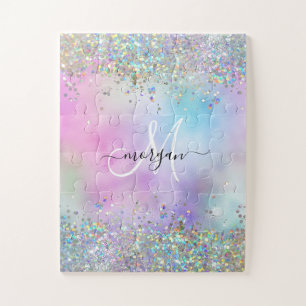 Holografische Glitter Regenboog Pastels Monogram Legpuzzel