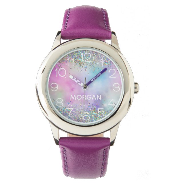 Holografische Glitter Regenboog Pastels Monogram N Horloge (Voorkant)