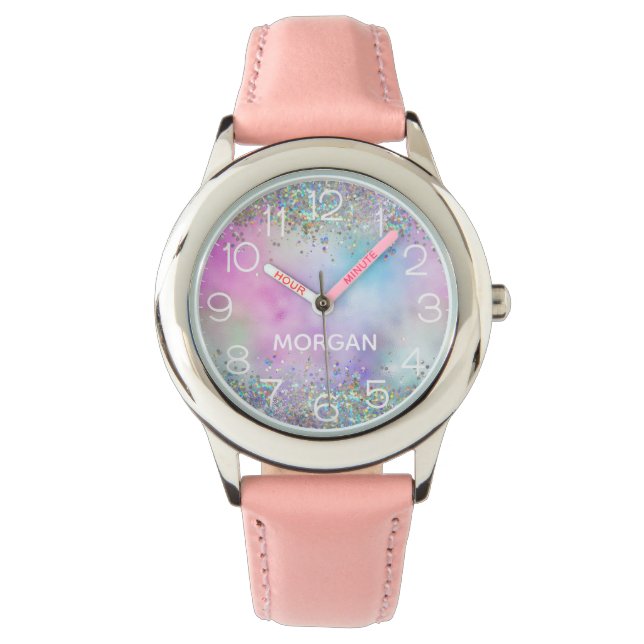 Holografische Glitter Regenboog Pastels Monogram N Horloge (Voorkant)