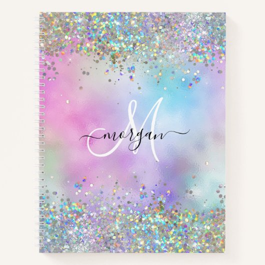 Holografische Glitter Regenboog Pastels Monogram Notitieboek (Voorkant)