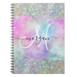 Holografische Glitter Regenboog Pastels Monogram Notitieboek