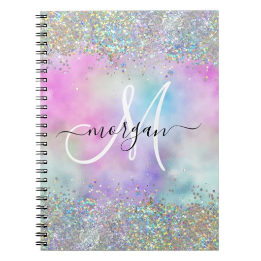 Holografische Glitter Regenboog Pastels Monogram Notitieboek (Voorkant)