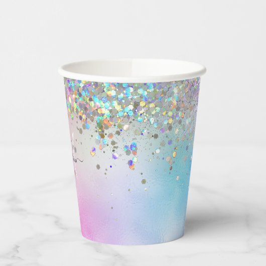 Holografische Glitter Regenboog Pastels Monogram Papieren Bekers (Links)