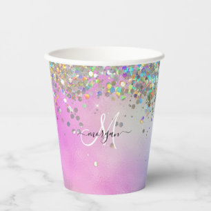 Holografische Glitter Regenboog Pastels Monogram Papieren Bekers