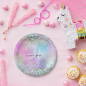 Holografische Glitter Regenboog Pastels Monogram Papieren Bordje (Feest)