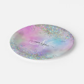 Holografische Glitter Regenboog Pastels Monogram Papieren Bordje (Gekanteld)