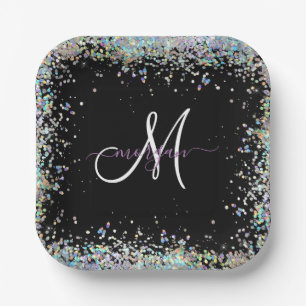 Holografische Glitter Regenboog Pastels Monogram Papieren Bordje