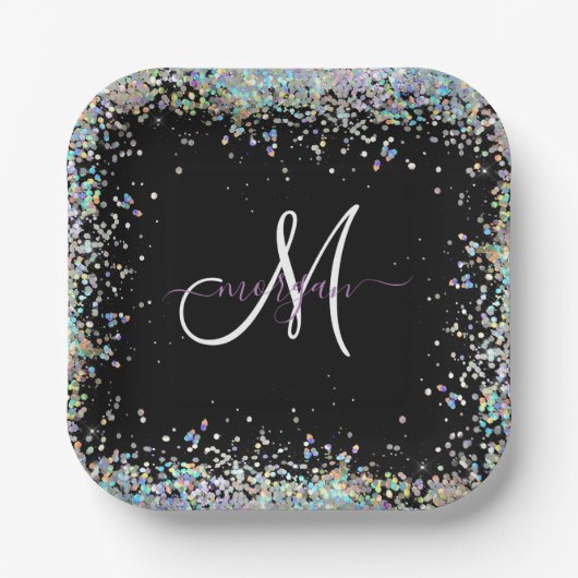 Holografische Glitter Regenboog Pastels Monogram Papieren Bordje (Voorkant)