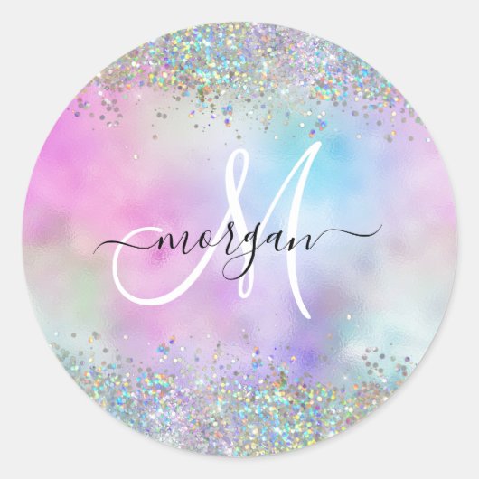 Holografische Glitter Regenboog Pastels Monogram Ronde Sticker (Voorkant)