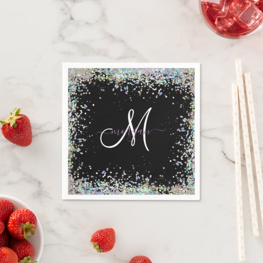 Holografische Glitter Regenboog Pastels Monogram Servet (Insitu)