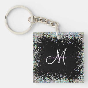 Holografische Glitter Regenboog Pastels Monogram Sleutelhanger