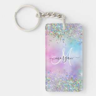Holografische Glitter Regenboog Pastels Monogram Sleutelhanger