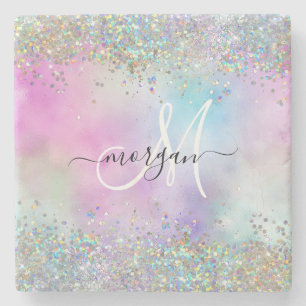 Holografische Glitter Regenboog Pastels Monogram Stenen Onderzetter
