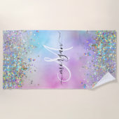 Holografische Glitter Regenboog Pastels Monogram Strandlaken (Voorkant)