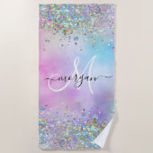 Holografische Glitter Regenboog Pastels Monogram Strandlaken (Voorkant)