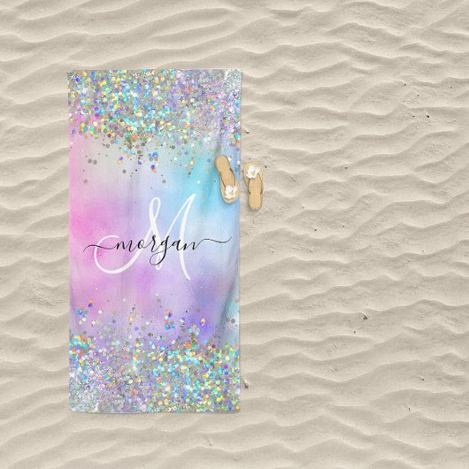 Holografische Glitter Regenboog Pastels Monogram Strandlaken
