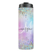 Holografische Glitter Regenboog Pastels Monogram Thermosbeker (Voorkant)