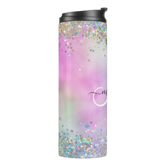 Holografische Glitter Regenboog Pastels Monogram Thermosbeker (Gedraaid links)