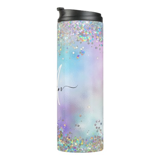 Holografische Glitter Regenboog Pastels Monogram Thermosbeker (Geroteerd rechts)