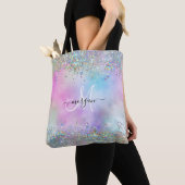 Holografische Glitter Regenboog Pastels Monogram Tote Bag (Dichtbij)