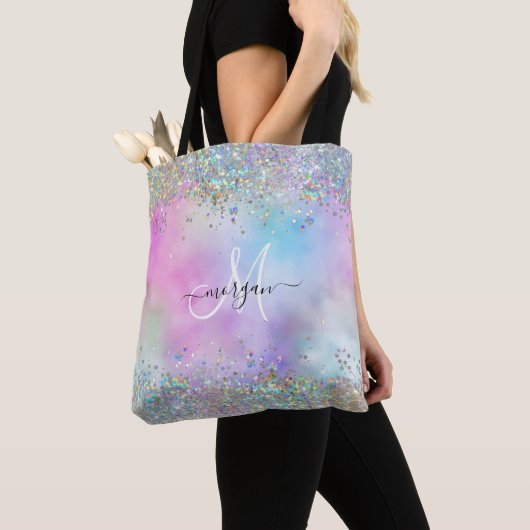 Holografische Glitter Regenboog Pastels Monogram Tote Bag (Dichtbij)