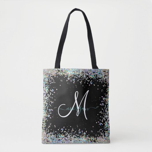 Holografische Glitter Regenboog Pastels Monogram Tote Bag (Voorkant)